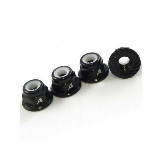 Answer-RC 1/10th 4mm Shaft 7075 Wheel Nuts/Serrated Face + Nyloc - 4pk -Black