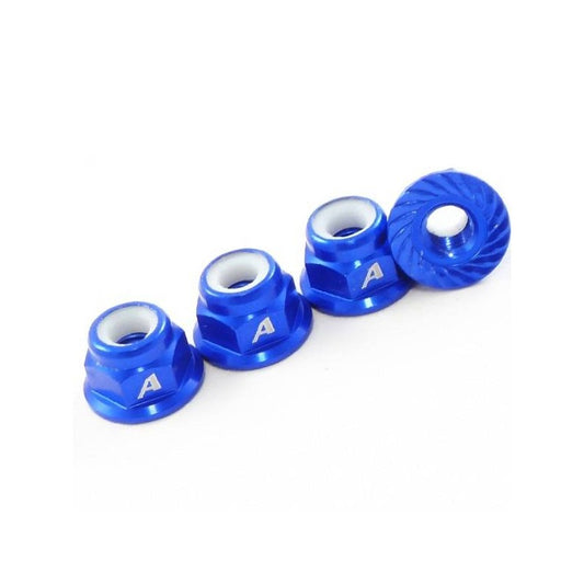 Answer-RC 1/10th 4mm Shaft 7075 Wheel Nuts/Serrated Face + Nyloc - 4pk -Blue