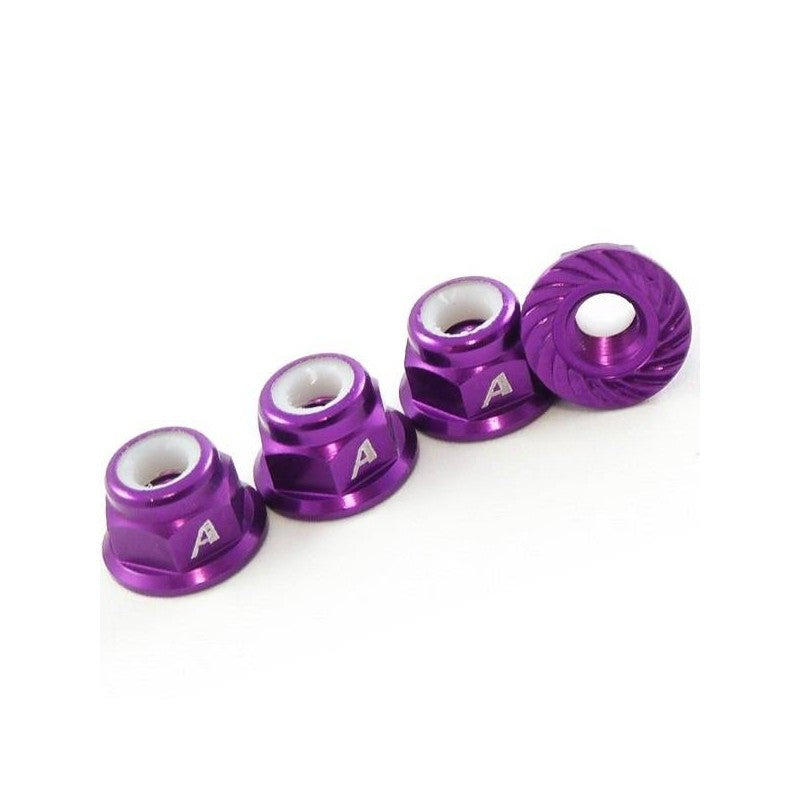 Answer-RC 1/10th 4mm Shaft 7075 Wheel Nuts/Serrated Face + Nyloc - 4pk -Purple