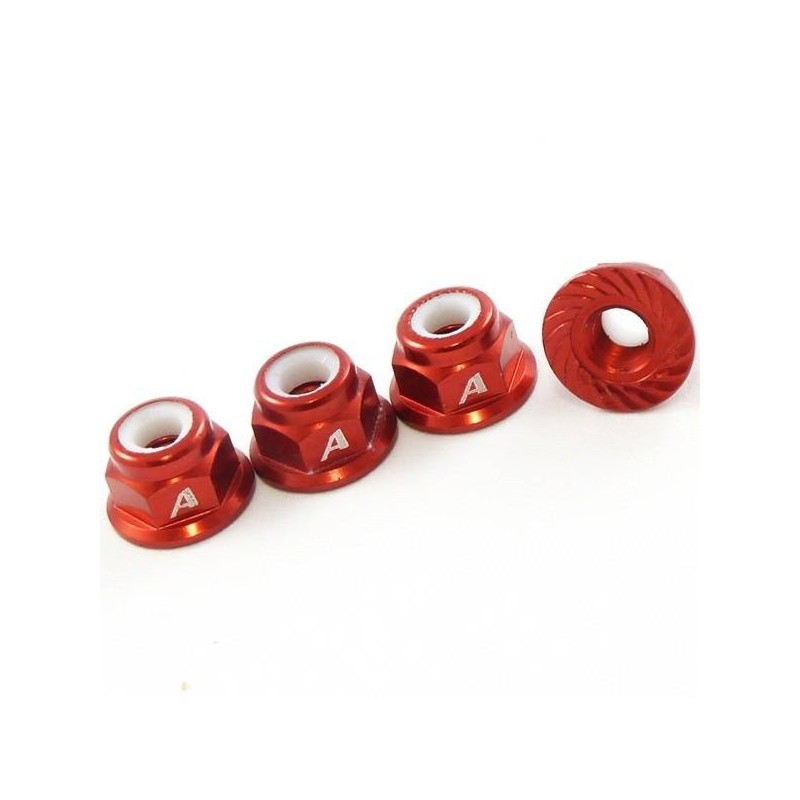 Answer-RC 1/10th 4mm Shaft 7075 Wheel Nuts/Serrated Face + Nyloc - 4pk -Red