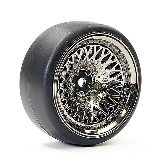 FASTRAX 1/10 (4) DRIFT D1 TYRE w/9MM CLASSIC WHEELS - BLACK CHROME